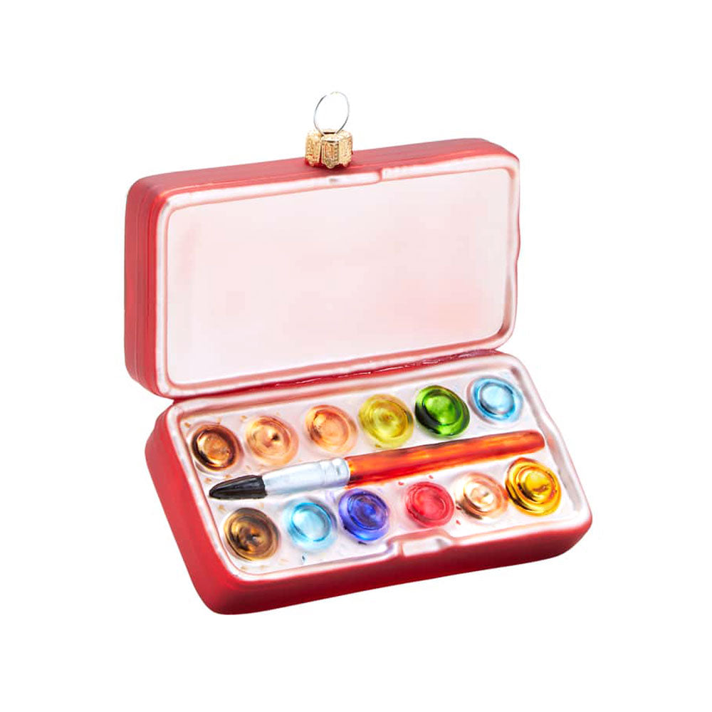 Guggenheim Museum Watercolors Ornament—mini paintbox with 12 colors, brush & lid—charming gift for art lovers’ trees.