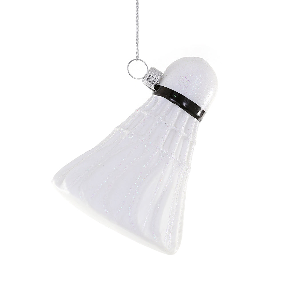 Guggenheim Museum Shuttlecock Ornament: white with glitter, black band, silver loop—a unique gift for badminton fans.