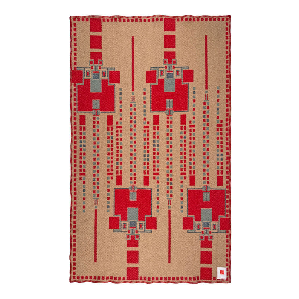 Guggenheim Museum Frank Lloyd Wright Hollyhock House Wool Throw with a tan, red, gray, and black geometric pattern.