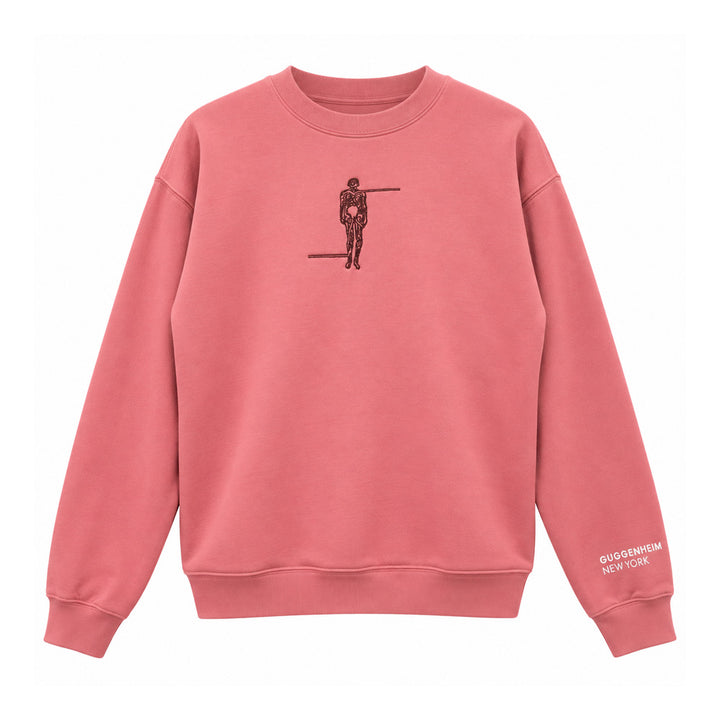 Dusty pink Guggenheim Museum Taryn Simon crew sweatshirt with a small graphic and New York lettering on the left sleeve.