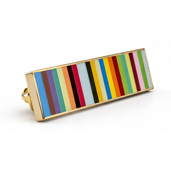 Guggenheim Museum Taryn Simon Striped Pin, a rectangular metal pin featuring a pattern of vertical multicolored stripes.