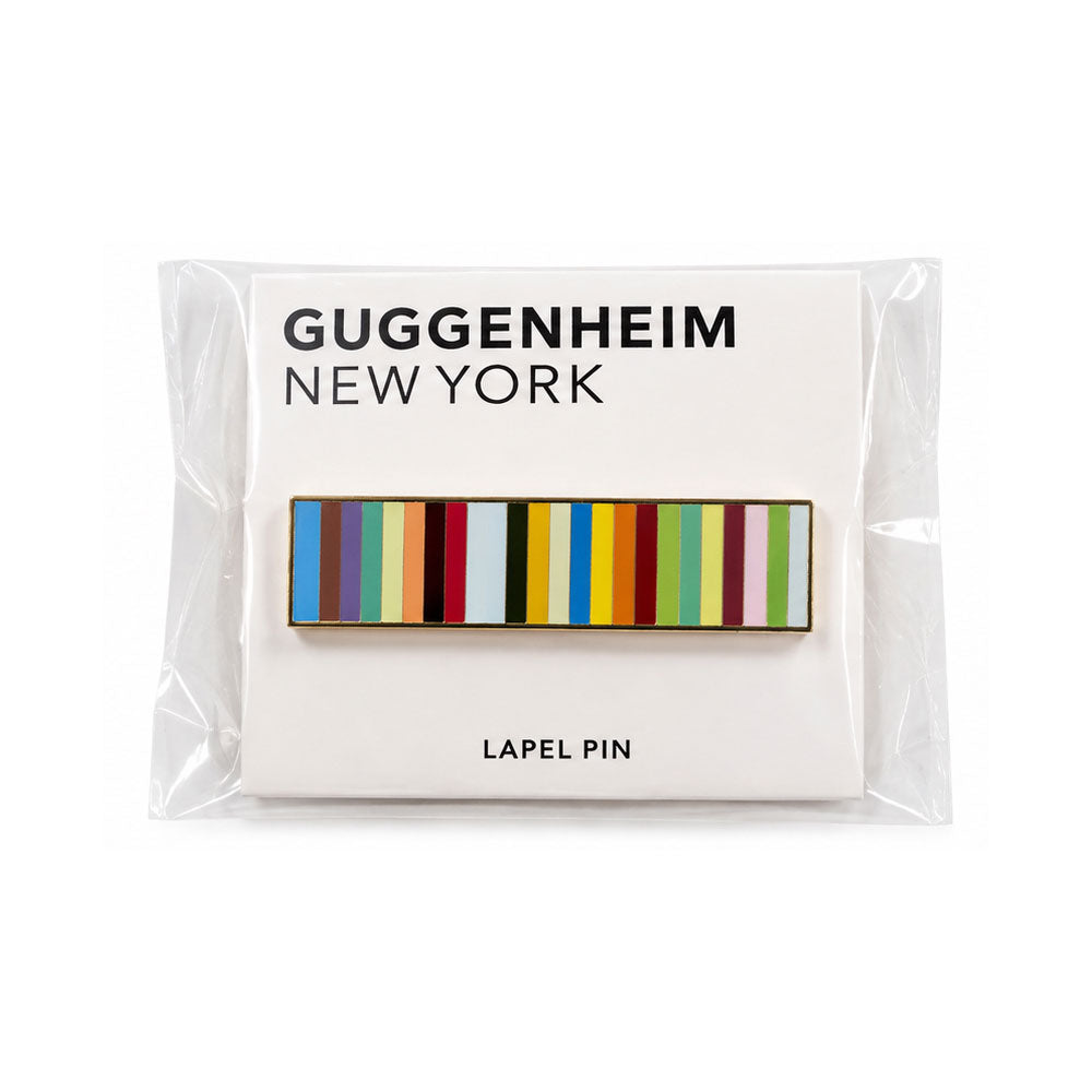 Guggenheim Museum Taryn Simon Striped Pin, a rectangular multicolored striped pin in a clear sleeve on a museum card.