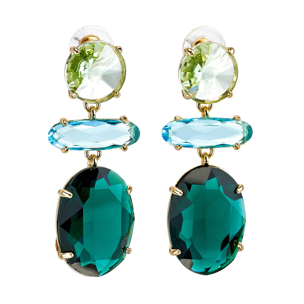 Guggenheim Museum Gemstone Tri-Shape Drop Earrings showcase green, blue, and teal stones in gold-tone settings.