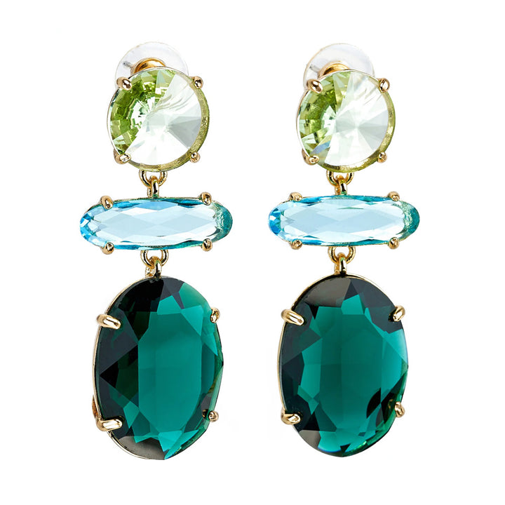 Guggenheim Museum Gemstone Tri-Shape Drop Earrings showcase green, blue, and teal stones in gold-tone settings.