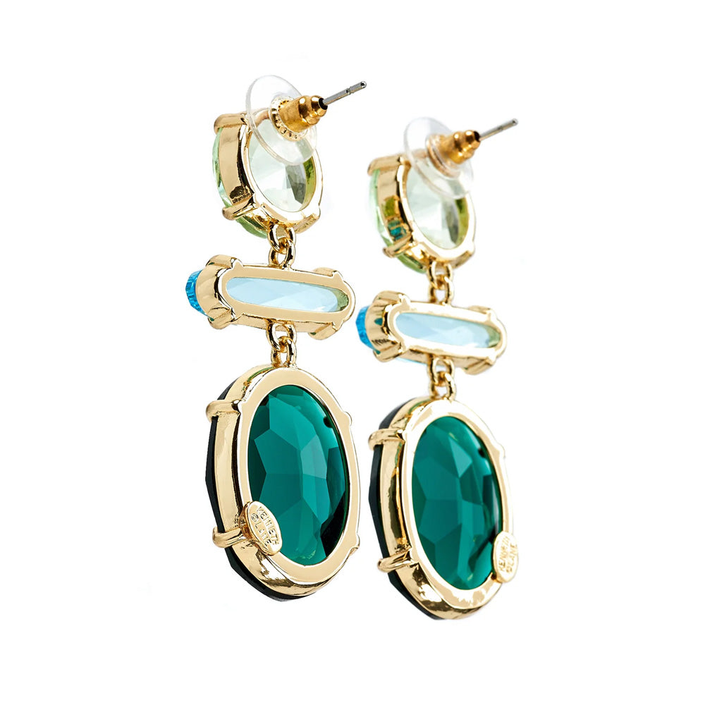 Guggenheim Museum Gemstone Tri-Shape Drop Earrings with oval green stones and opalescent accents on white background.