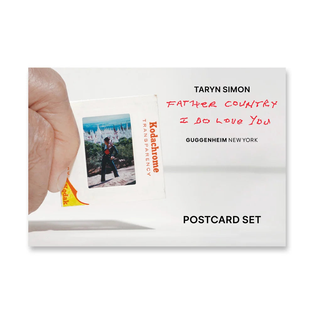 A hand holds a slide; text: Taryn Simon Slides Post Card Set, Guggenheim Museum.