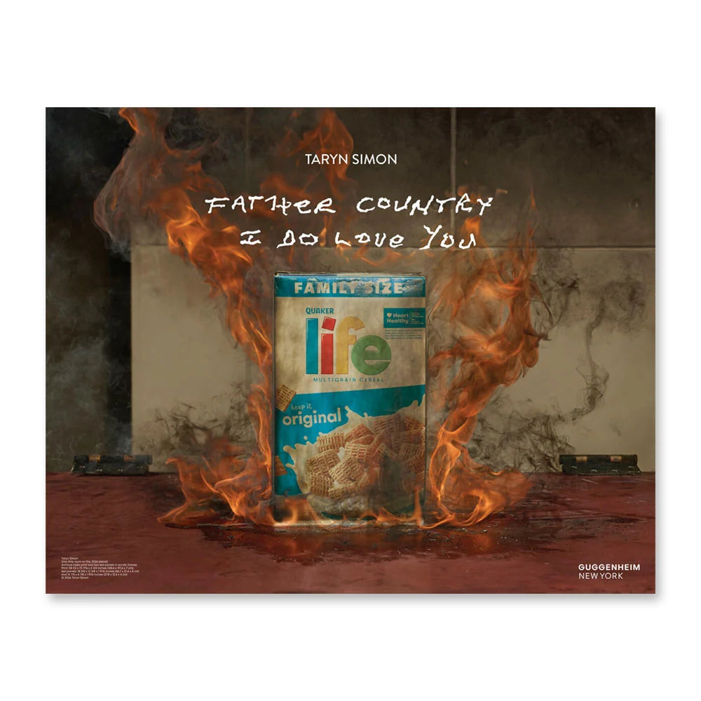 A cereal box in flames, “FATHER COUNTRY I LOVE YOU” above—an homage to the Guggenheim’s Taryn Simon Life Cereal Poster.