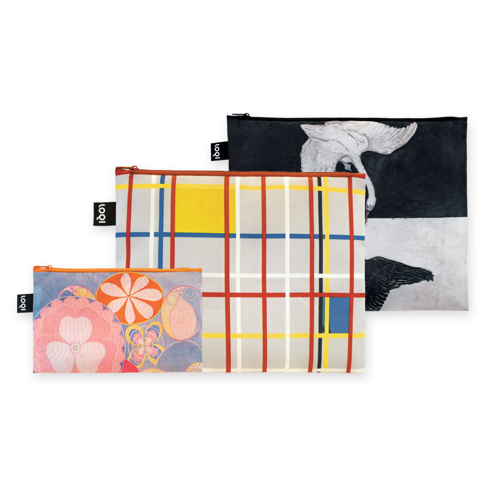 The Guggenheim Museum’s Klint The Swan, Childhood Mondrian NY Recycled Pouch Set includes 3 colorful, stackable pouches.