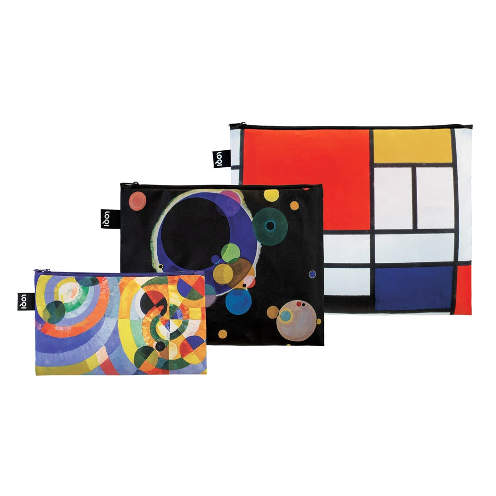 The Guggenheim Museum Kandinsky, Mondrian Recycled Pouch Set features three abstract art zipper pouches.
