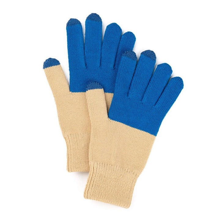 A pair of Colorblock Knit Touchscreen Gloves in Cobalt/Sand, featuring stretch-fit acrylic, beige palms and wrists, blue backs and fingers, and dark blue touchscreen tips on the thumbs, index, and middle fingers are displayed overlapping on a white background.