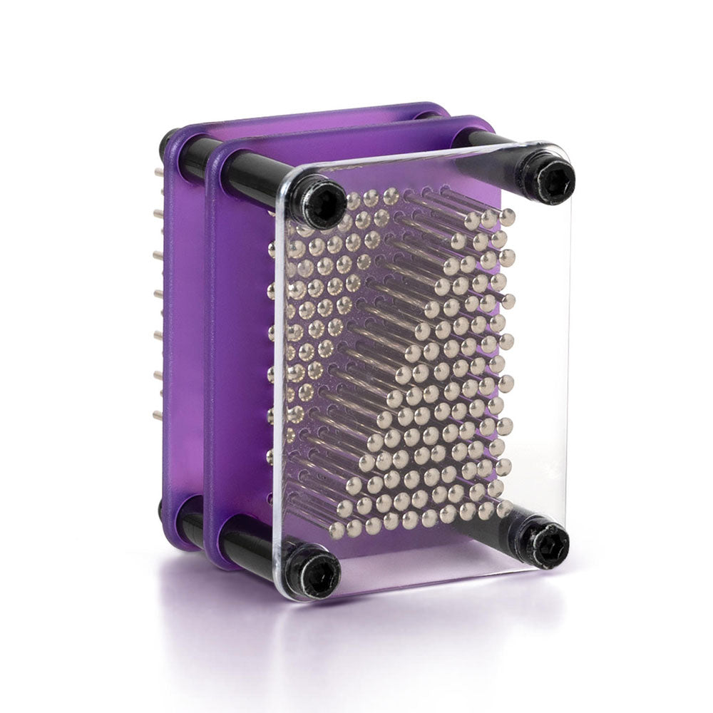 A rectangular purple Guggenheim Museum Micro Pin Art mini desk toy with metal pins, isolated on white.