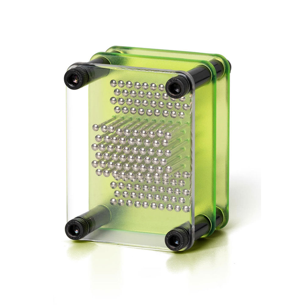 A green Guggenheim Museum Micro Pin Art mini desk toy with metal pins forming imprints, shown from an angle.