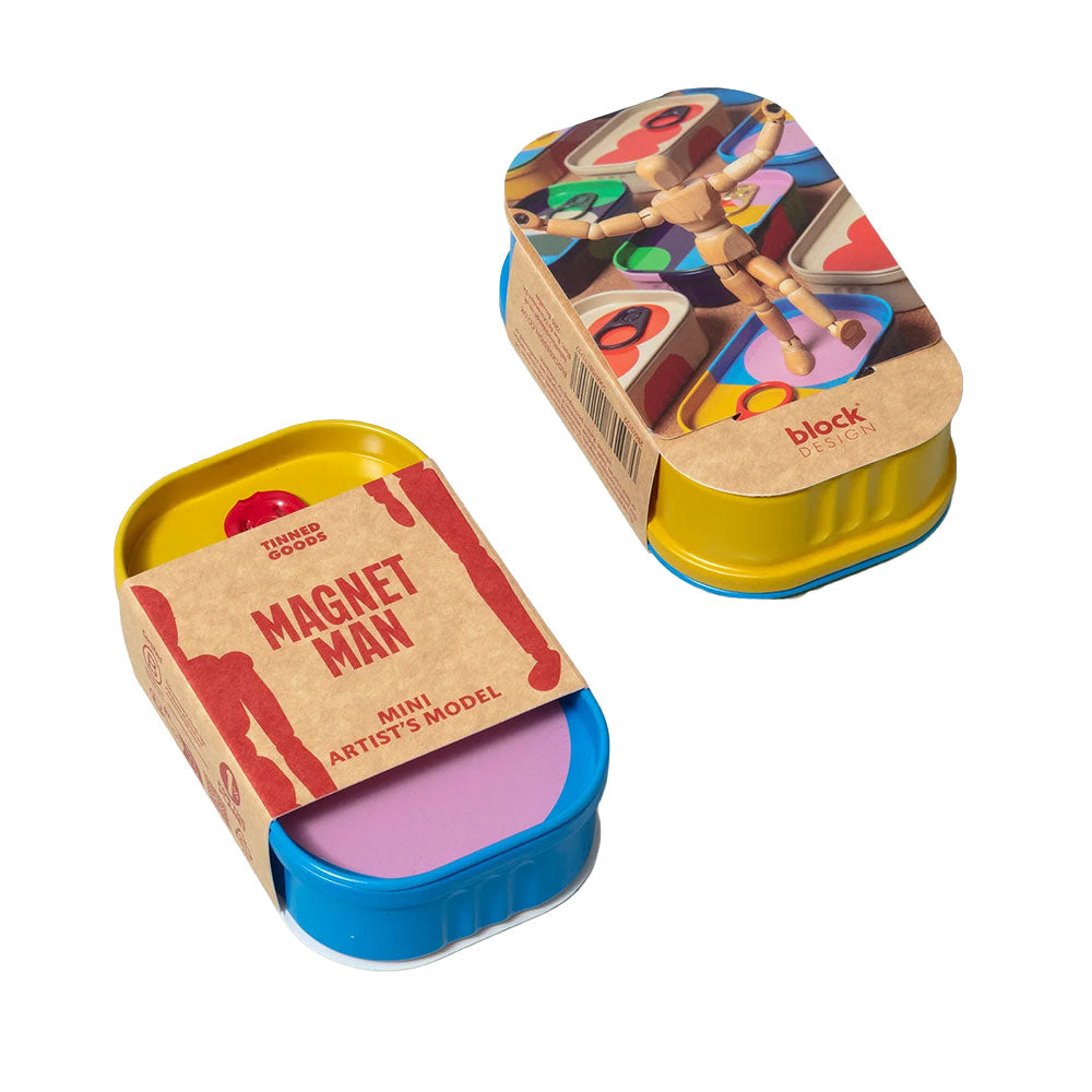 Two colorful Guggenheim Museum tins: Magnet Man Tinned Goods includes a mini artist mannequin plus wooden figure.