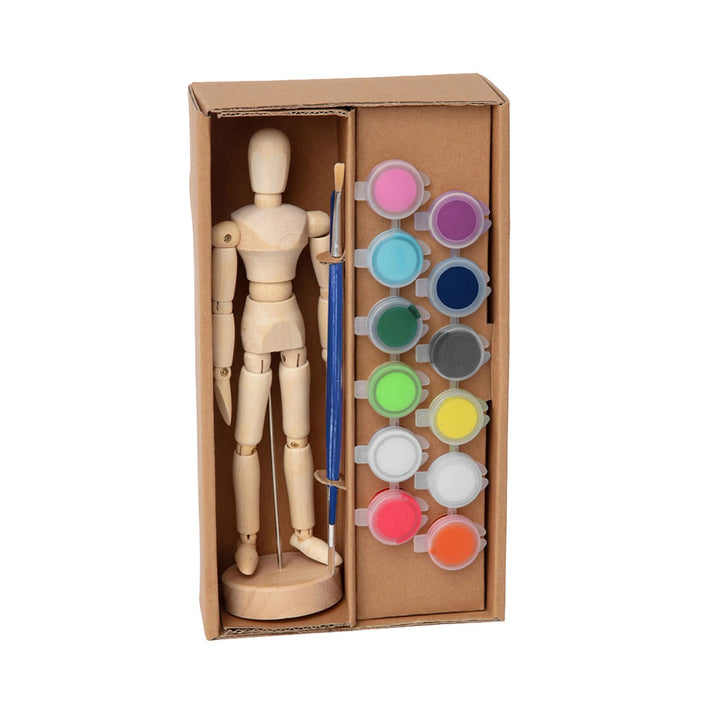 Guggenheim Museum’s Paint and Pose Mannequin includes a mannequin, brush, and 12 vibrant paints in one box.