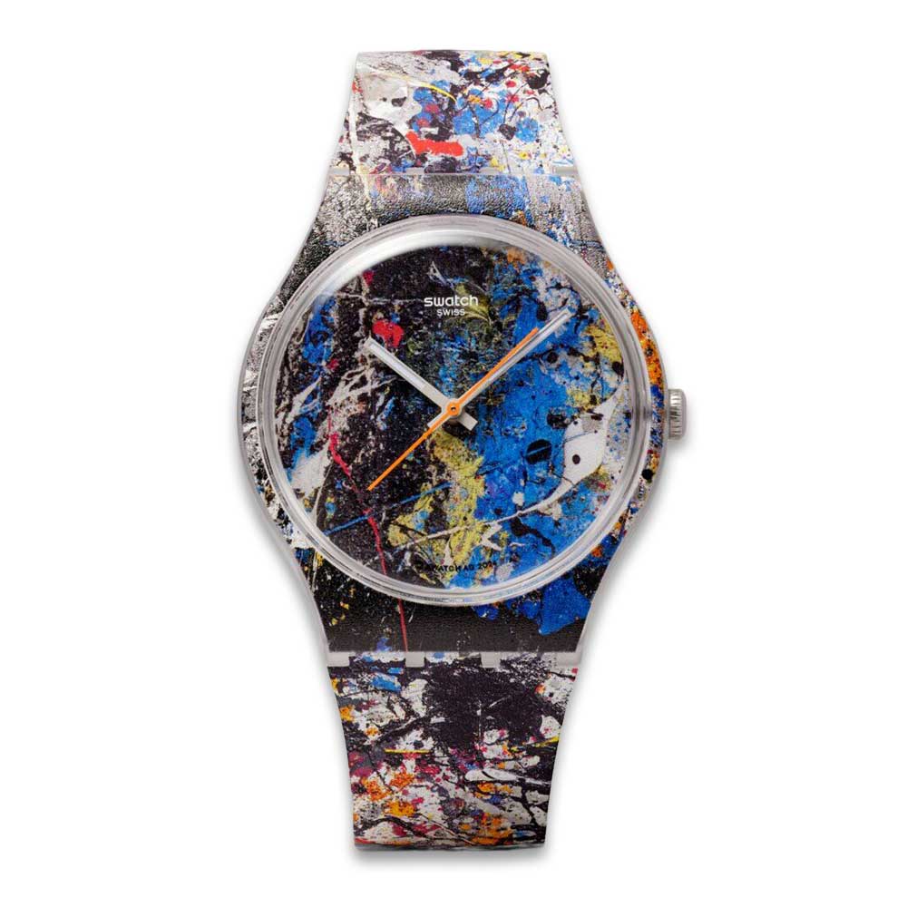 Guggenheim Museum Pollock’s Alchemy Watch features abstract, colorful paint splatters on face and band.