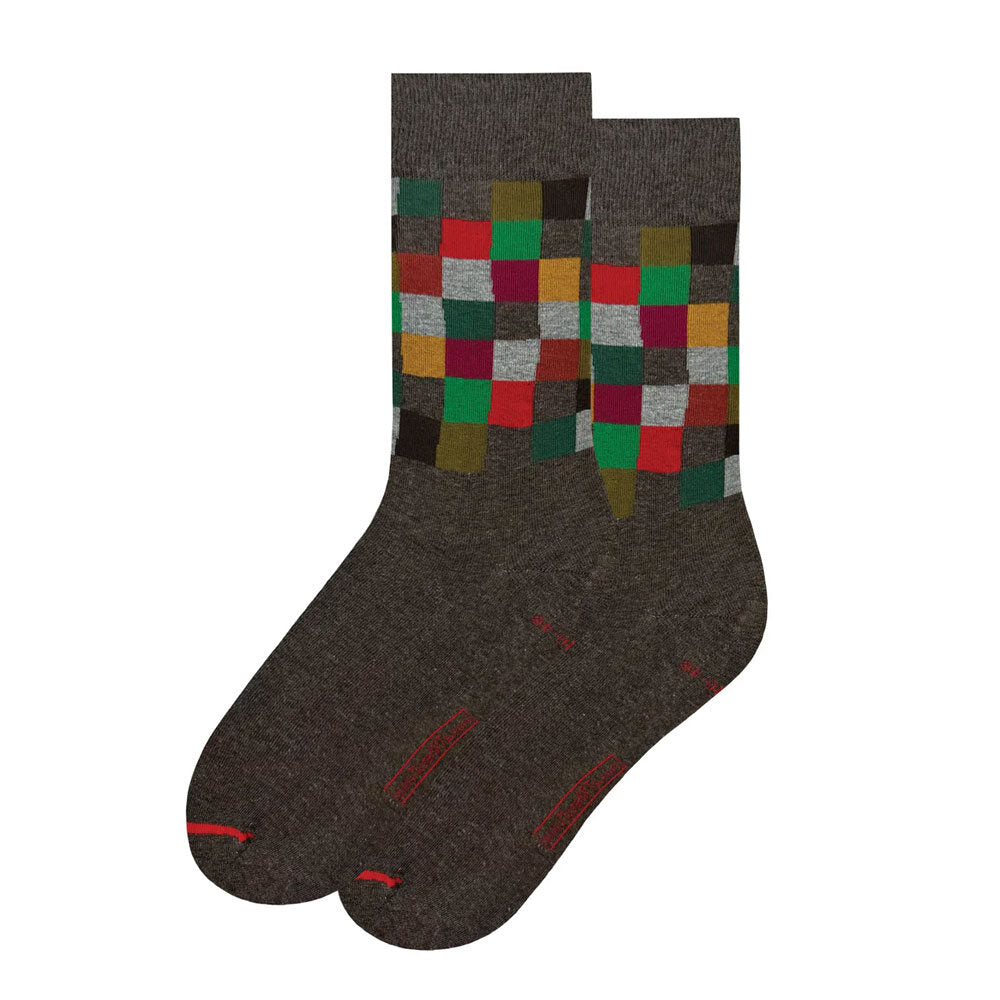 The Paul Klee New Harmony Socks are adult unisex dark brown socks with a colorful cotton checkerboard pattern—green, red, yellow, gray, and brown squares—at the top. The toe and heel are plain brown. Comfy and machine washable.