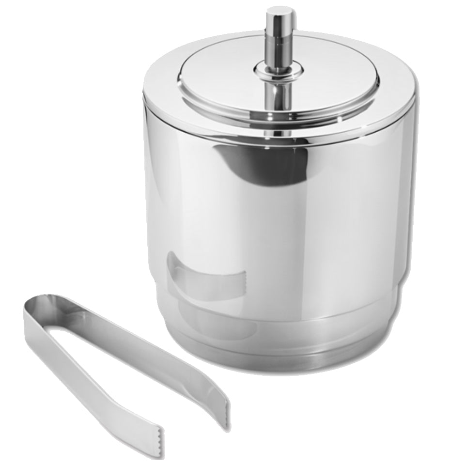 The Manhattan Ice Bucket, crafted in sleek stainless steel with a lid, handle, and matching ice tongs, is perfect for cocktail making—all beautifully presented against a white background.