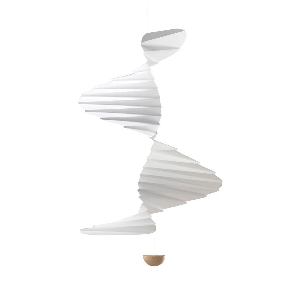 The Air Stream Mobile by Guggenheim Museum is a white sculptural pendant light with twisting, folded layers and a cord.