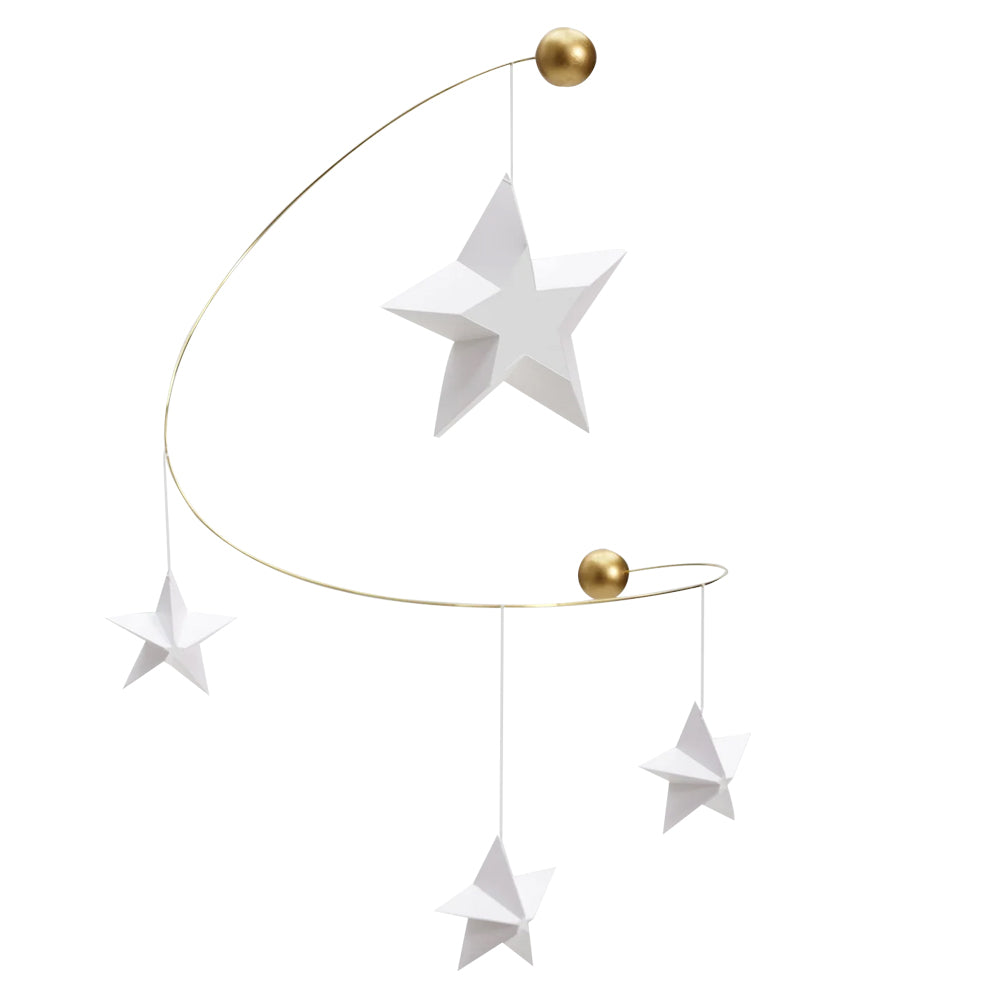Starry Night Flensted Mobile by Guggenheim Museum: three white 3D stars on gold wires for celestial nursery decor.