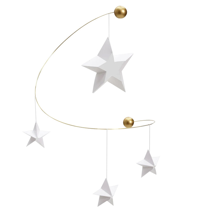 Starry Night Flensted Mobile by Guggenheim Museum: three white 3D stars on gold wires for celestial nursery decor.