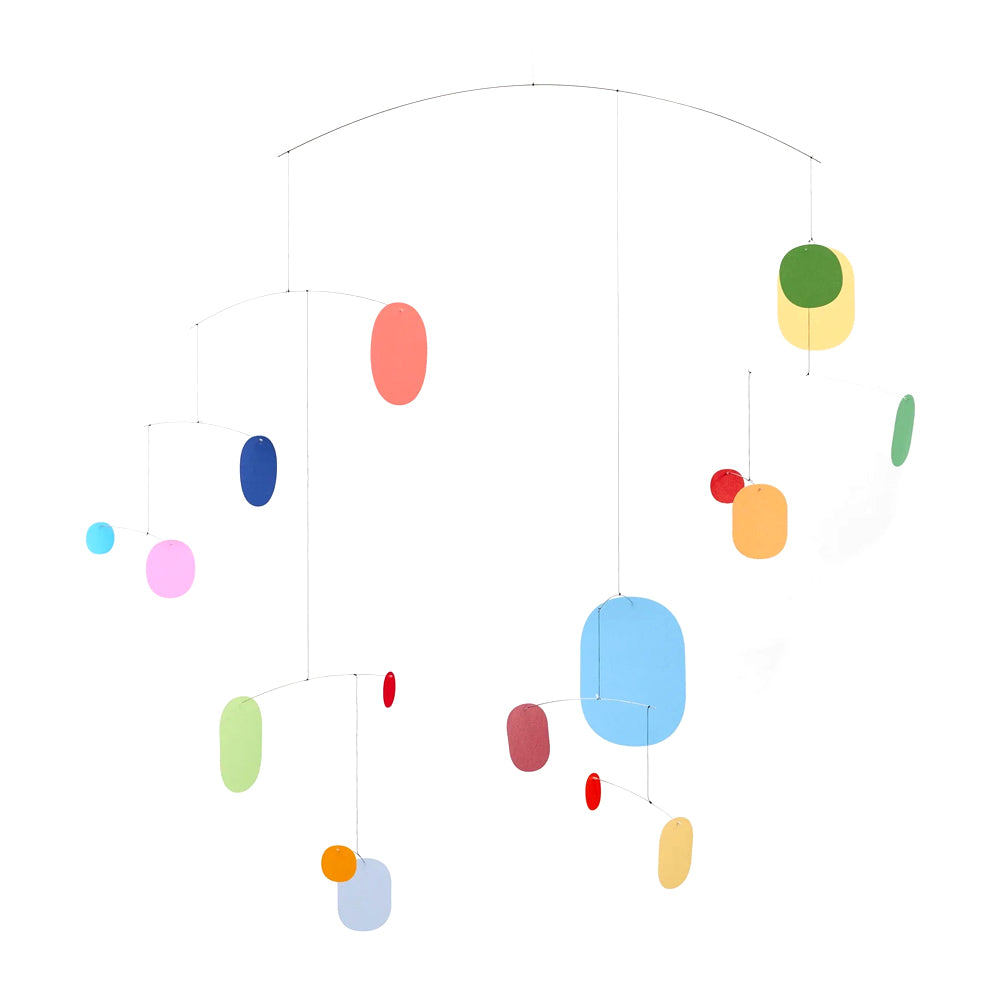Guggenheim Museum Balance Mobile features colorful oval shapes suspended by thin wires against a white background.