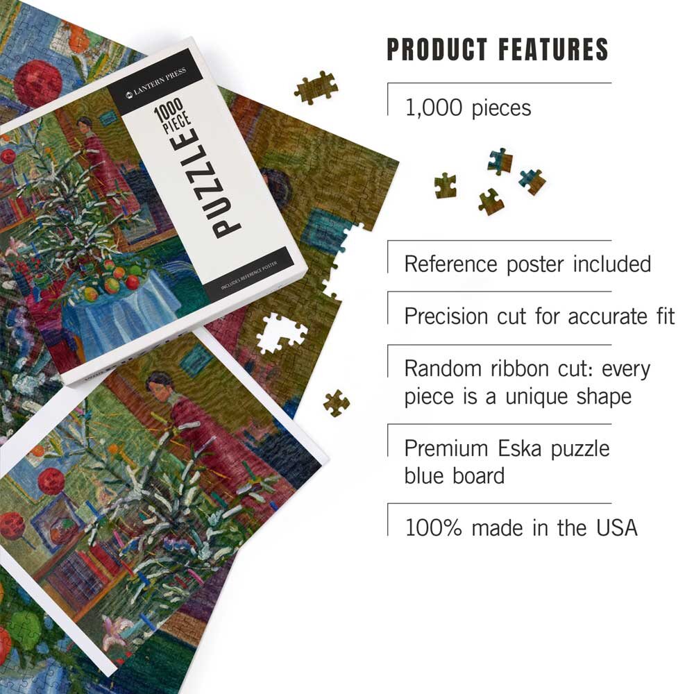 The Gabriele Münter Christmas Still Life Puzzle is a 1000-piece puzzle with a reference poster, five loose pieces, precision-cut unique shapes, premium board, and is 100% made in the USA.