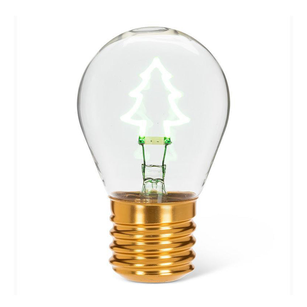 Guggenheim Museum Holiday Tree Neon LED Lightbulb: USB rechargeable, green tree, gold base, eco-friendly.