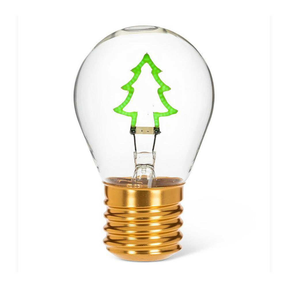 Guggenheim Museum Holiday Tree Neon LED Lightbulb with gold base, green filament, on a white background.