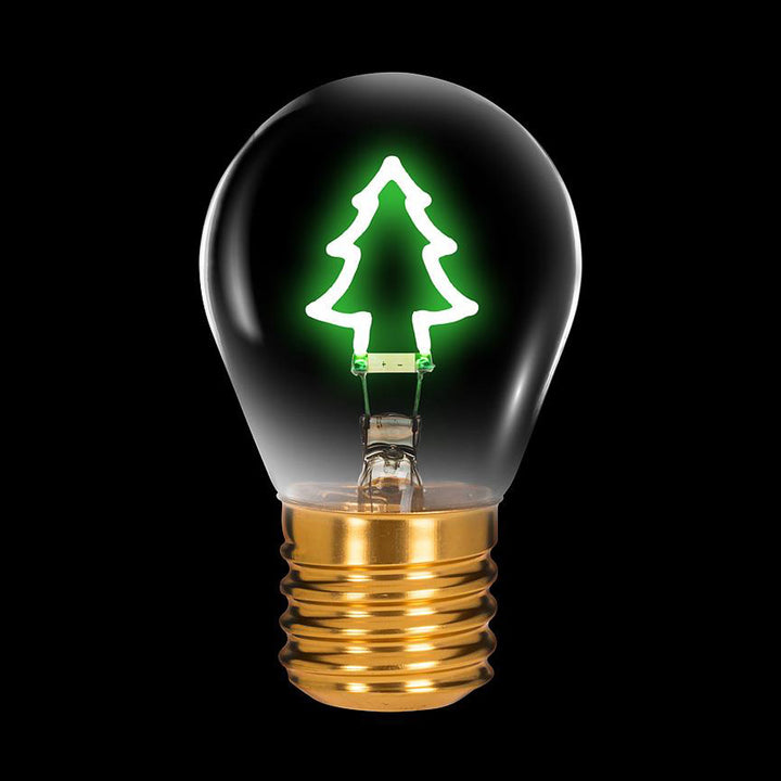 Guggenheim Museum Holiday Tree Neon LED Lightbulb: glowing green, eco-friendly, and bright on a black background.