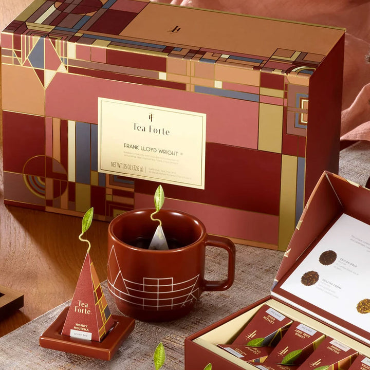 Frank Lloyd Wright Tea Forte Gift Set by Guggenheim—pyramid tea bags, modern box, a unique architecture-inspired gift.