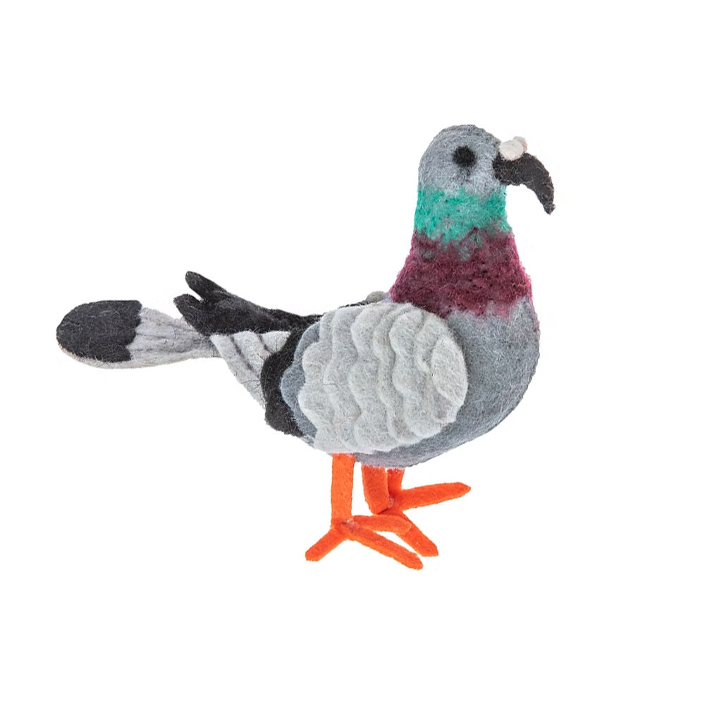 The Guggenheim Museum Pigeon Ornament features gray, purple, and green felt with orange legs on a white background.