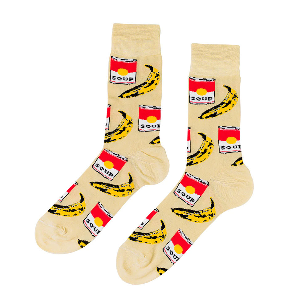 Beige cotton crew socks with cartoon soup cans and bananas by Guggenheim Museum, inspired by Yellow Pop Art Socks.