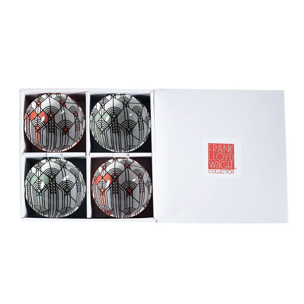 Guggenheim Museum Frank Lloyd Wright Rice Bowl Set of 4 with geometric patterns, boxed, nature-inspired design.