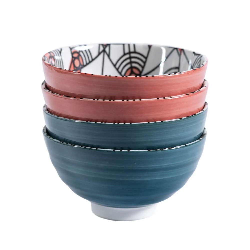 Guggenheim Museum Frank Lloyd Wright Rice Bowl Set: four ceramic bowls with geometric designs, inspired by architecture.