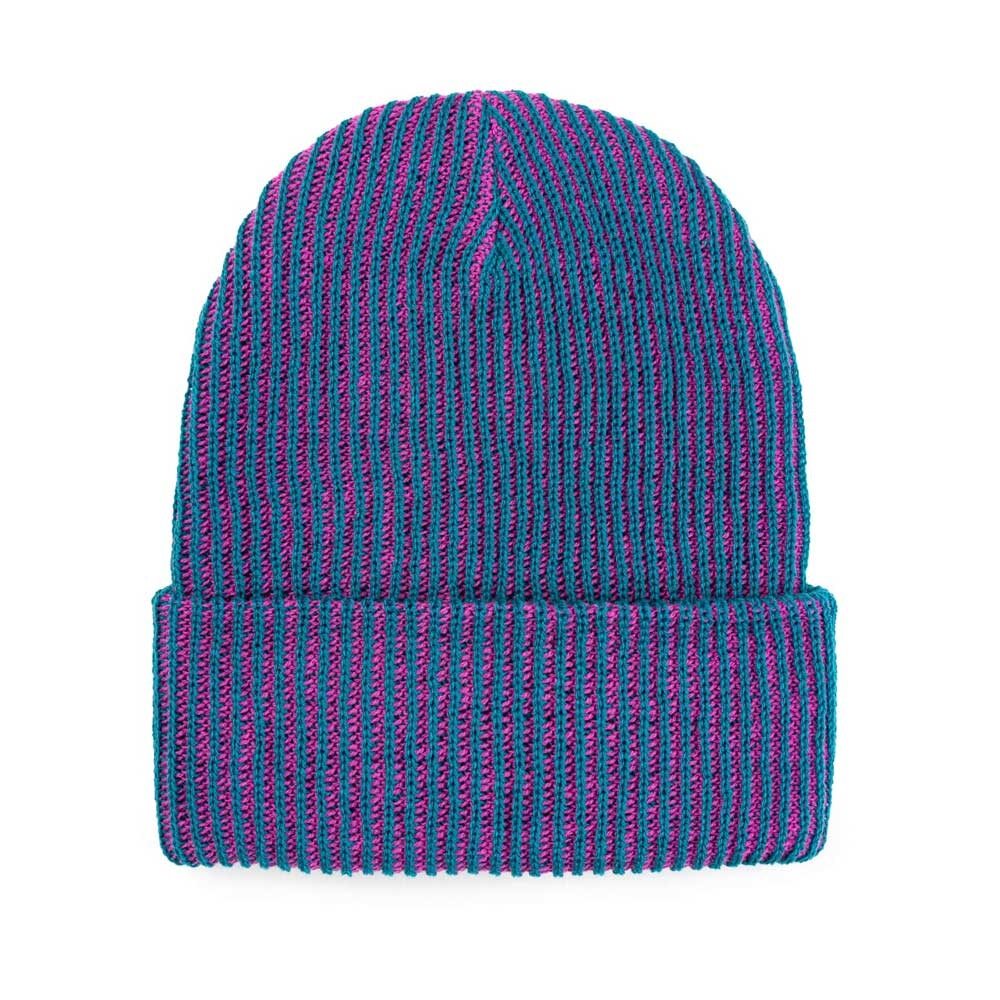 The Simple Rib Knit Beanie in teal and magenta features vertical stripes, a folded brim, and is made from soft acrylic. Displayed against a white background, this beanie is machine washable for easy care.