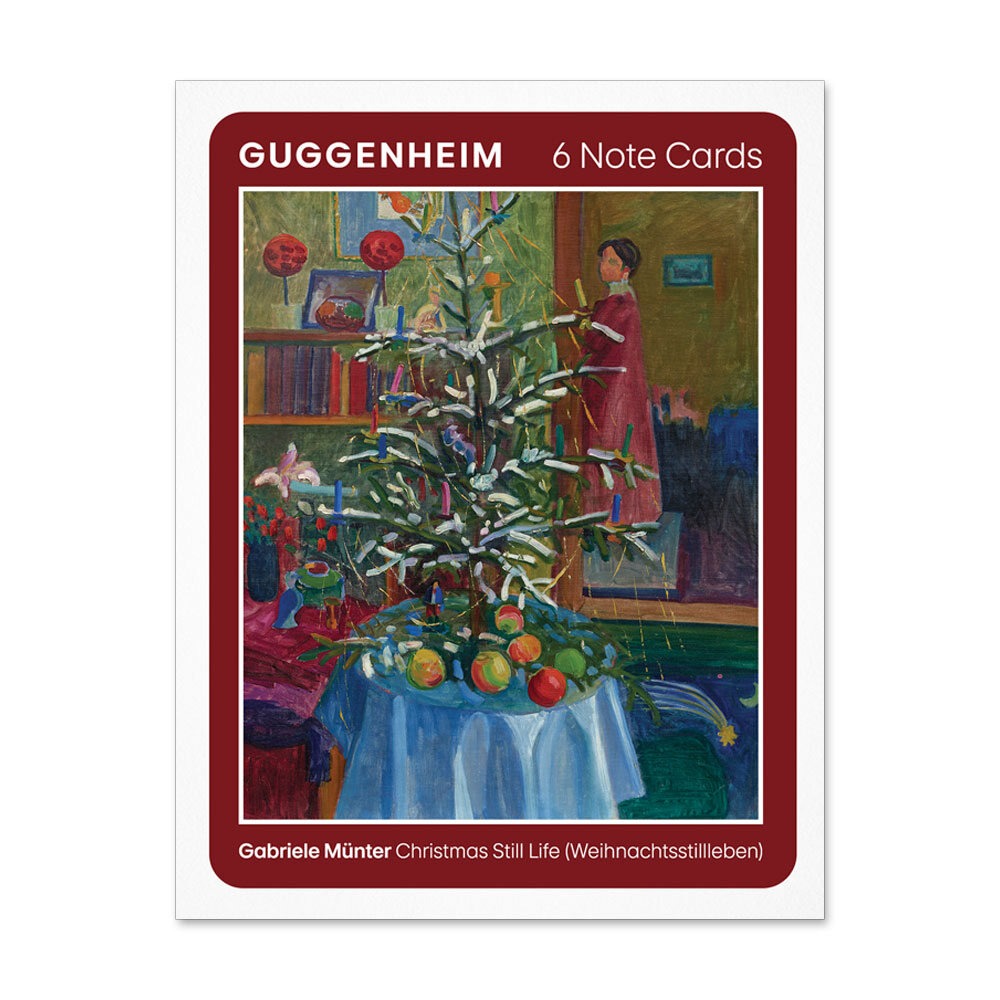 The Guggenheim’s Gabriele Münter Christmas Still Life Notecard Set includes 6 colorful 4.25 x 5.5 inch cards featuring a festive tree with fruit, presents, and a woman in red by the window.