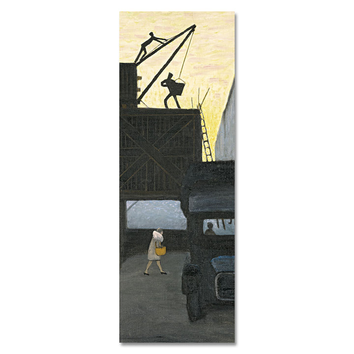 The Gabriele Münter, Scaffolding Bookmark features a tall, narrow laminated design with silhouetted workers by a crane—great for bookmarks or as a striking double-sided print at dusk.