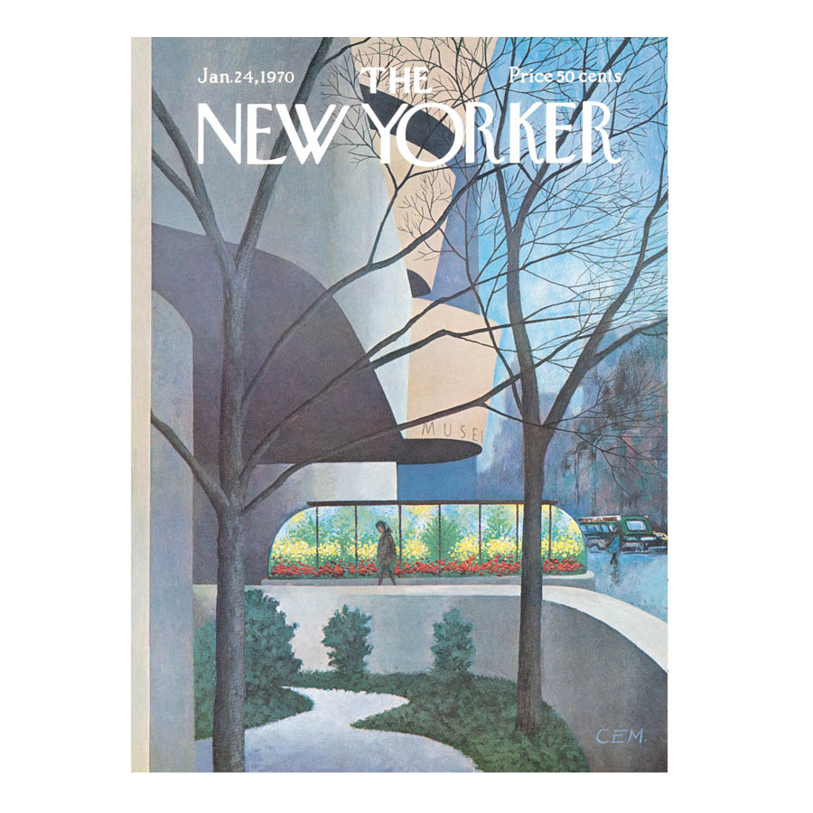The Charles E. Martin: The New Yorker Visits the Guggenheim Poster features a person passing a glass-walled building bursting with flowers amid leafless trees and city buildings on a chilly January day.