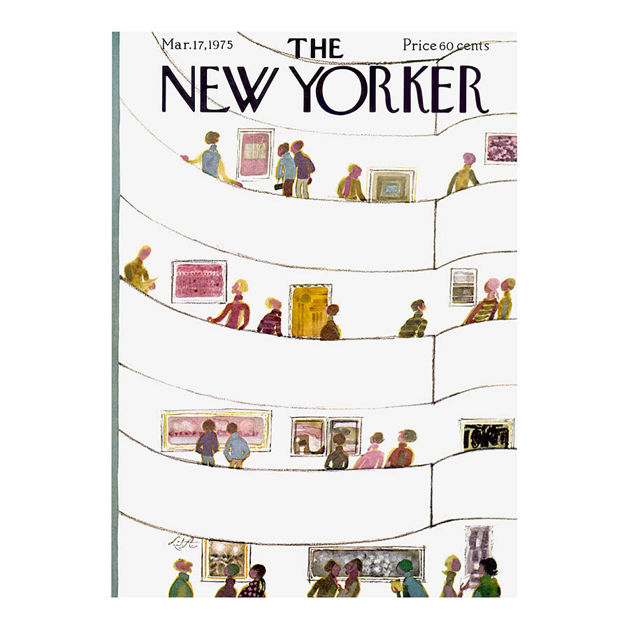Illustration by Laura Jean Allen of visitors on curved museum ramps, evoking the Guggenheim Collection, as seen on the “Laura Jean Allen: The New Yorker Visits the Guggenheim Poster,” dated March 17, 1975.