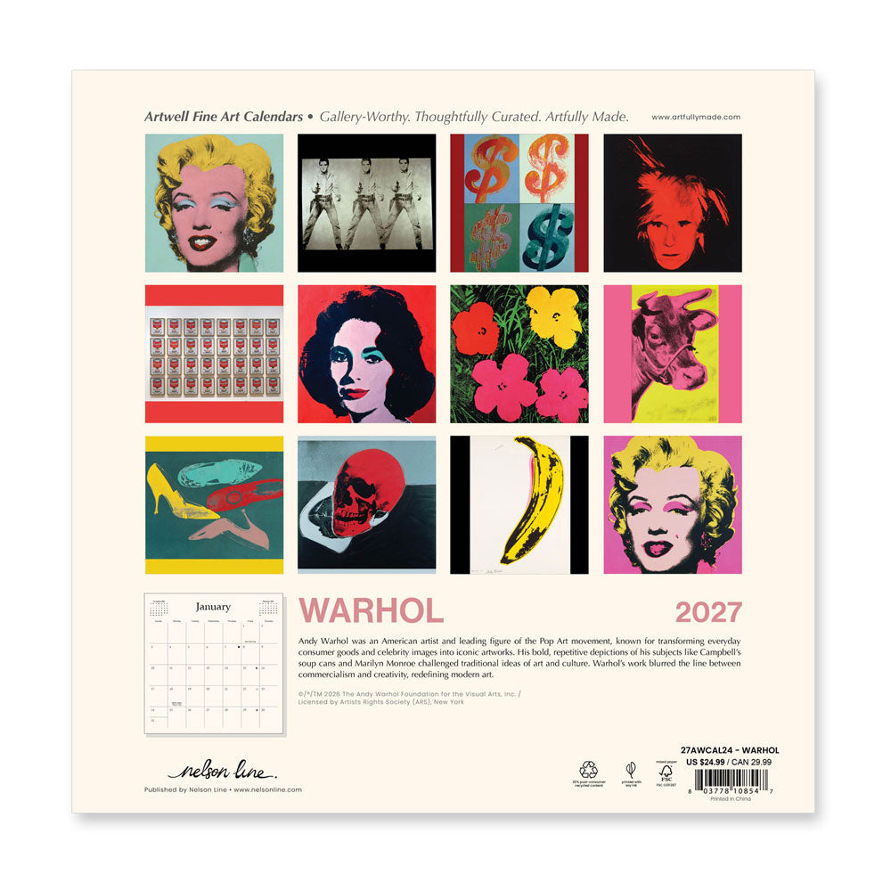 Back of Warhol 2027 Wall Calendar by Guggenheim Museum, with 13 vibrant Warhol prints and calendar page sample.