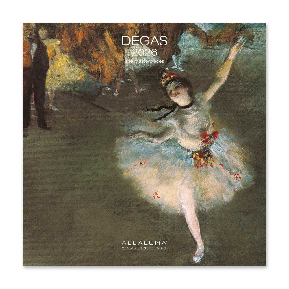 Cover of the Degas 2026 Wall Calendar shows a ballerina in a white tutu with flowers dancing on stage, others in the background. Text reads: Degas 2026 Fine Masterpieces. A great addition to any dancer’s wall calendar collection.
