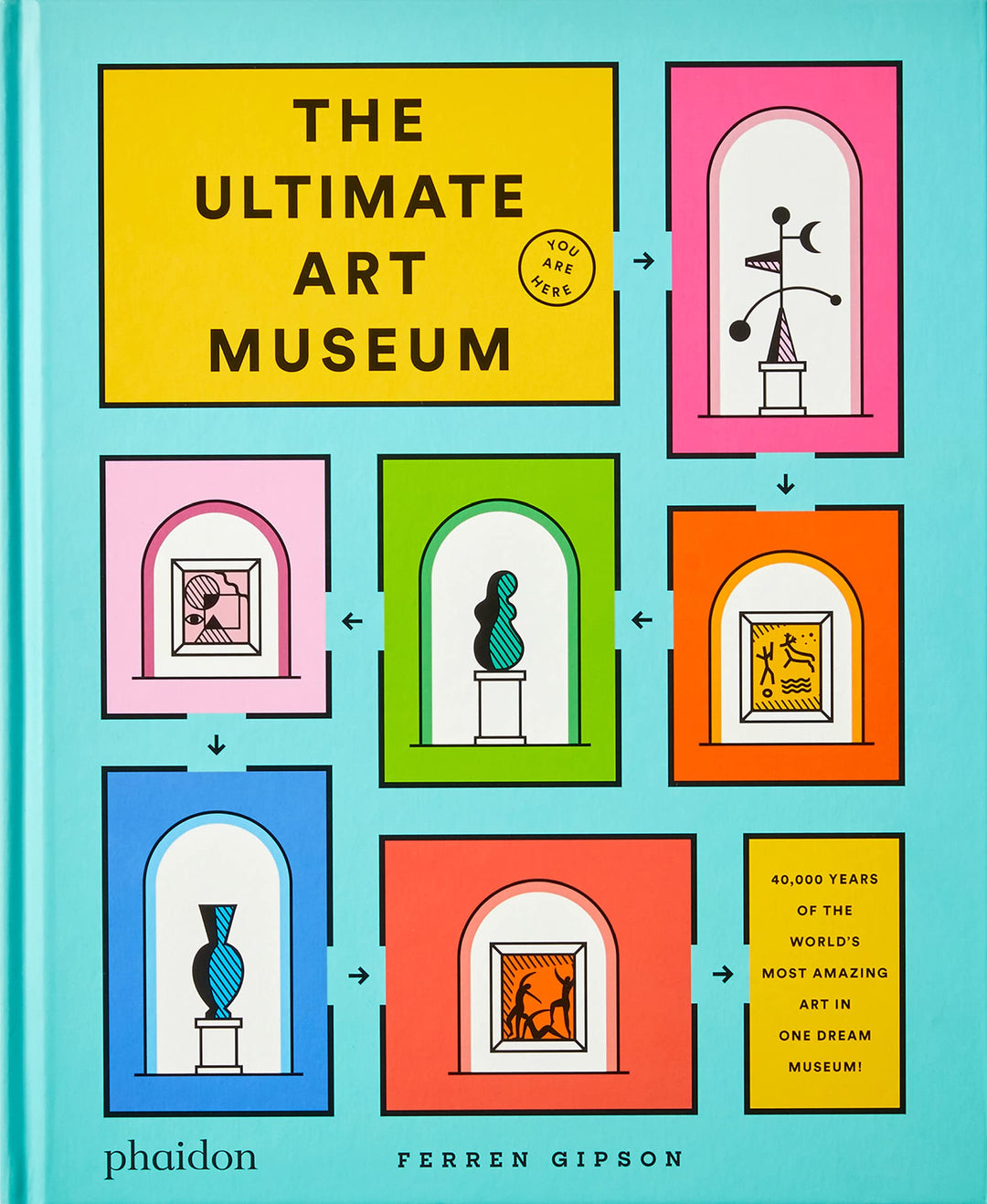 Book cover of The Ultimate Art Museum, a museum-in-a-book featuring art illustrations in colorful boxes connected by arrows on a turquoise background, with the title and author’s name displayed.