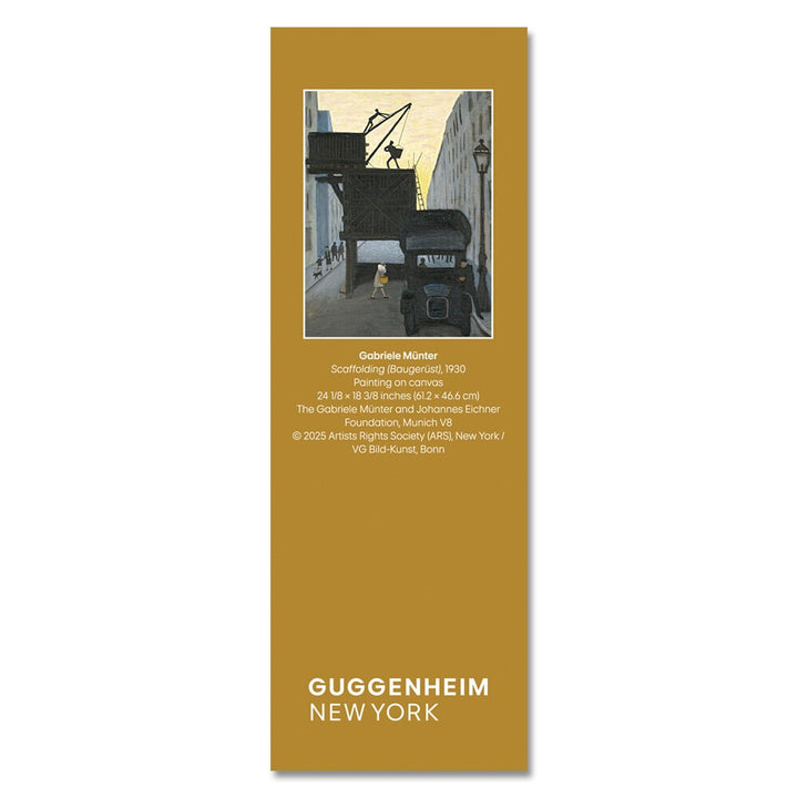 The Gabriele Münter, Scaffolding Bookmark is laminated and double-sided, featuring the artist’s 1930 painting of a figure under dark scaffolding on a city street with buildings and a streetlamp.