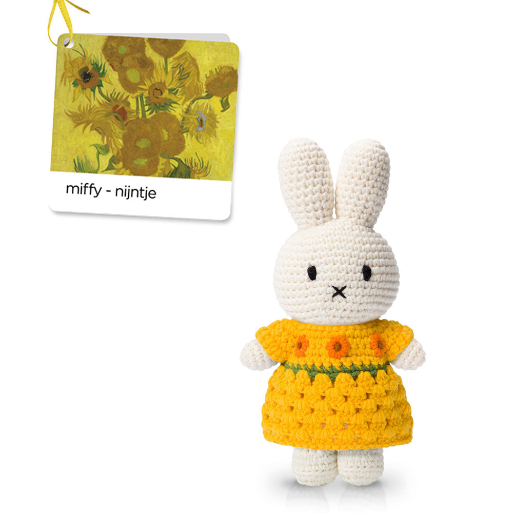 Guggenheim Museum's Van Gogh Miffy Sunflower Dress features a crocheted bunny in sunflower attire with an artful clothing tag.