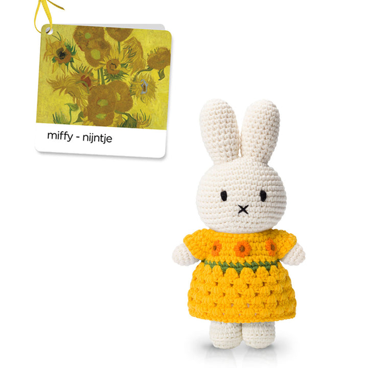 Guggenheim Museum's Van Gogh Miffy Sunflower Dress features a crocheted bunny in sunflower attire with an artful clothing tag.