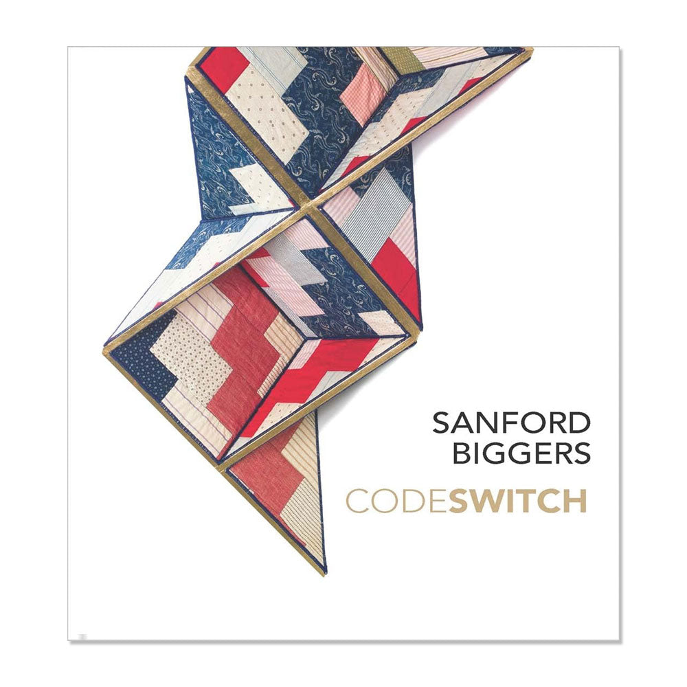 A vibrant patchwork quilt artwork is shown on white. Text: Sanford Biggers: Codeswitch, a stunning hardcover book with 192 pages.