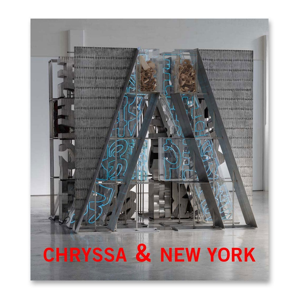 A geometric metal light art sculpture with blue neon; “CHRYSSA & NEW YORK” in red caps below. Guggenheim Museum.