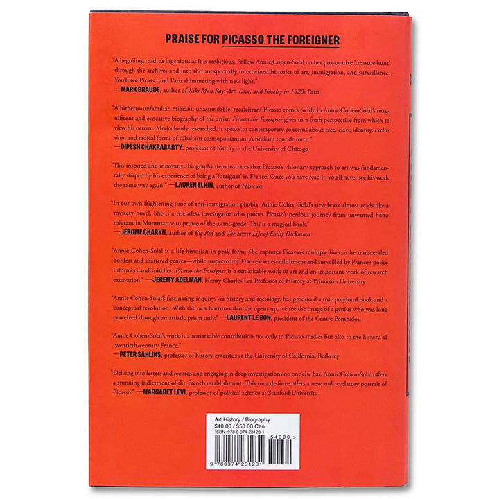 The back cover of Picasso the Foreigner has a bright orange background, a black top section titled "Praise for Picasso the Foreigner," seven critical acclaim quotes in black text, and the book's barcode at the bottom.