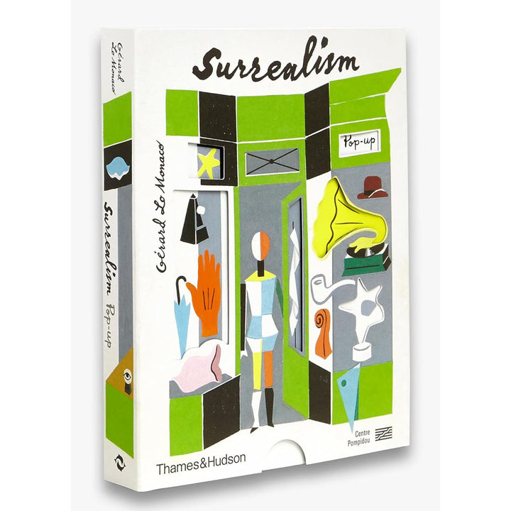 Pop-Up Surrealism is a surrealist art book by Gérard Lo Monaco, published by Thames & Hudson, featuring abstract and colorful illustrations of a mannequin, hand, gramophone, hat, and more.