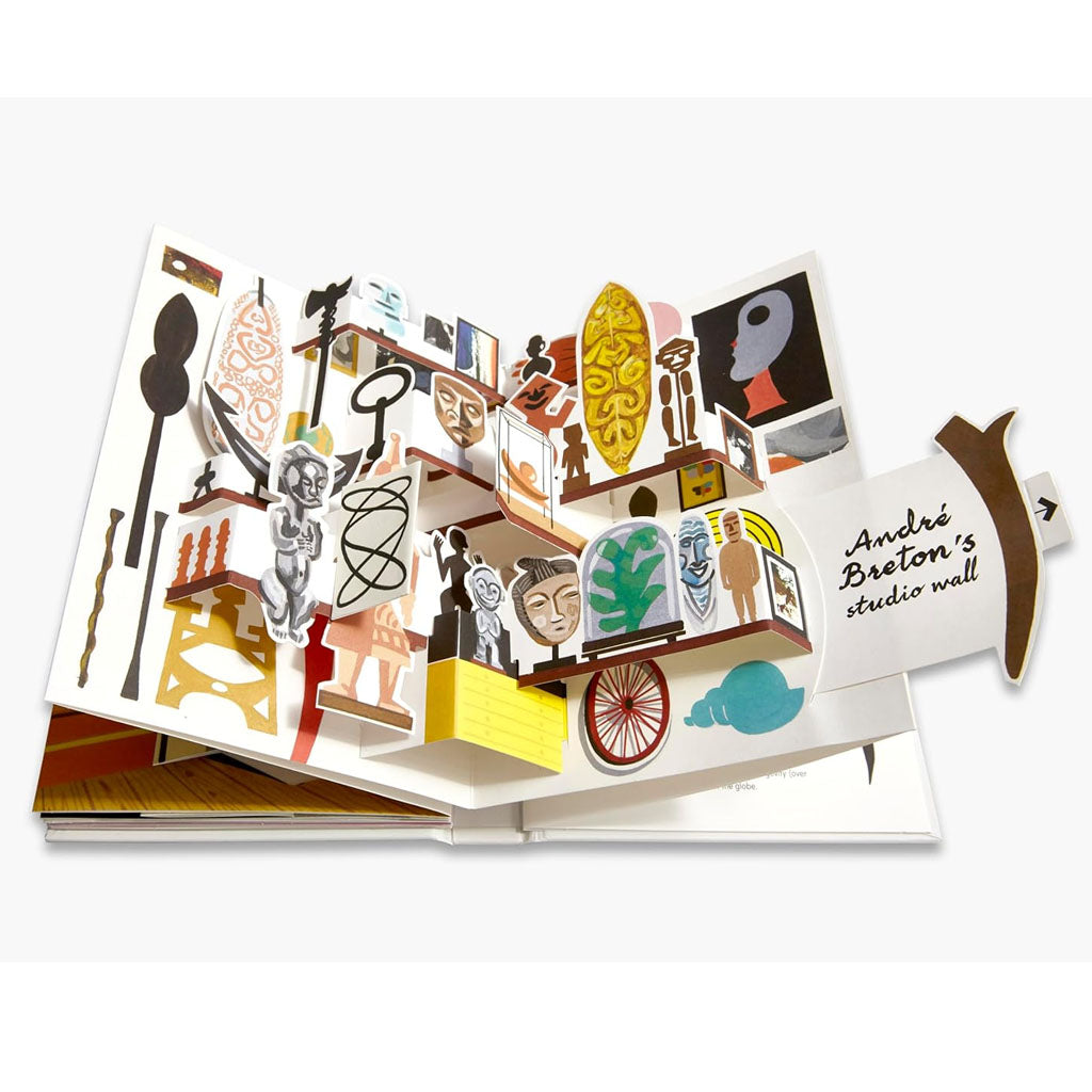 Inspired by the Pop-Up Surrealism book, this colorful pop-up illustrates André Breton’s studio wall with layered abstract art, surreal objects, and paintings in Gérard Lo Monaco’s imaginative style.